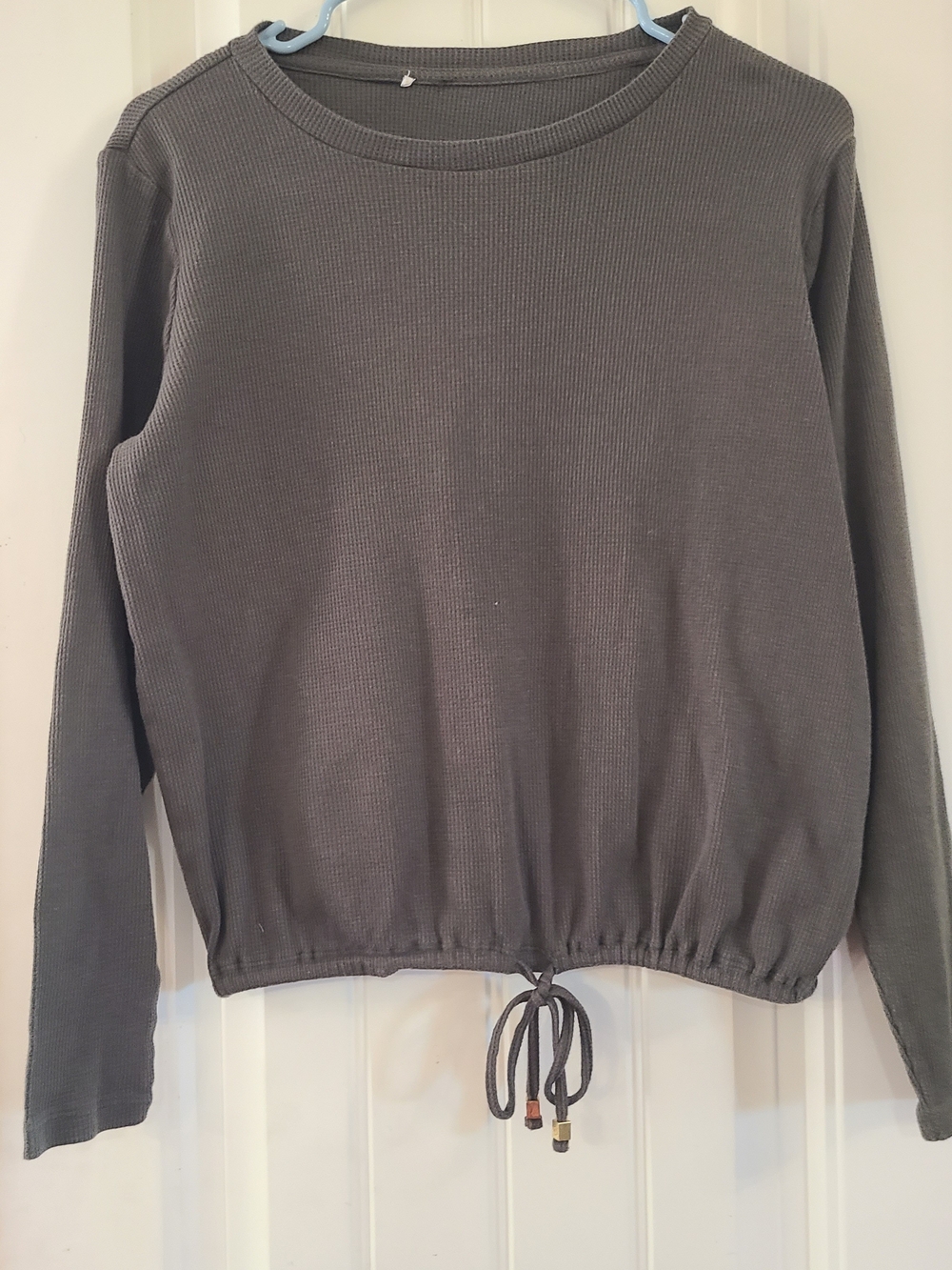 Michael Kors Olive Gray Waffle Knit Drawstring Hem Cropped Top Size M